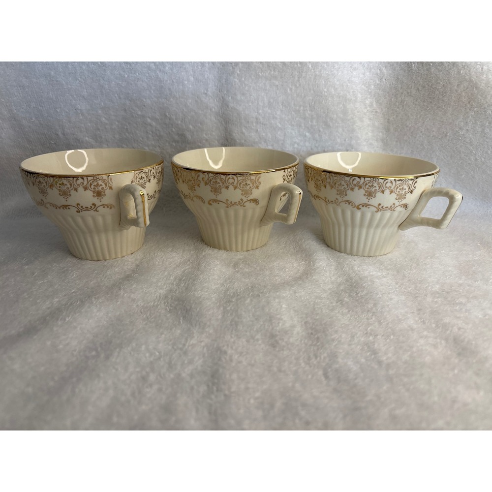 Vintage Cream Gold Filigree Tea Cups Set of 3 Fluted Ceramic Coffee Mugs